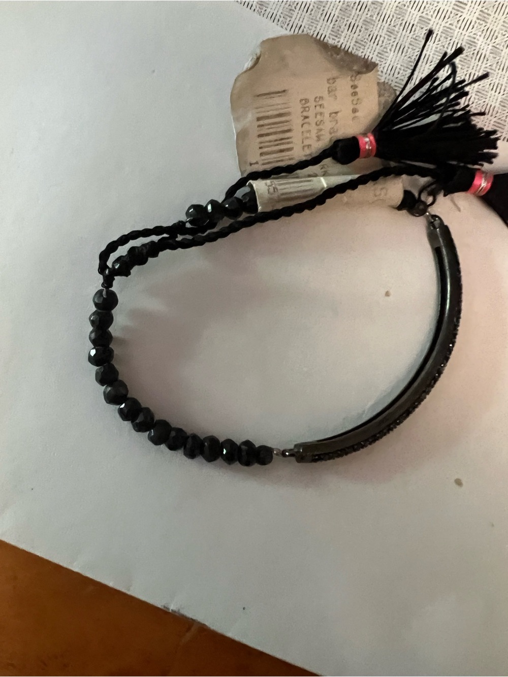 Black moldavite onyx Beaded Hair Tie with Curved Accent and Tassel